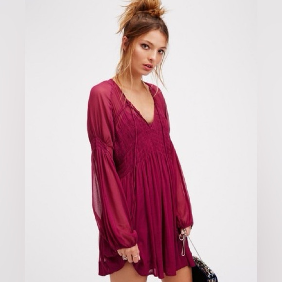 Free People Dresses & Skirts - Free People Sheer Long Sleeve Boho Top or Dress in Plum Size Small-Large (FLAWS)